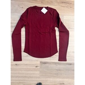 American Eagle Women Burgundy Ribbed Long Sleeve Crew Neck Top Medium NWT